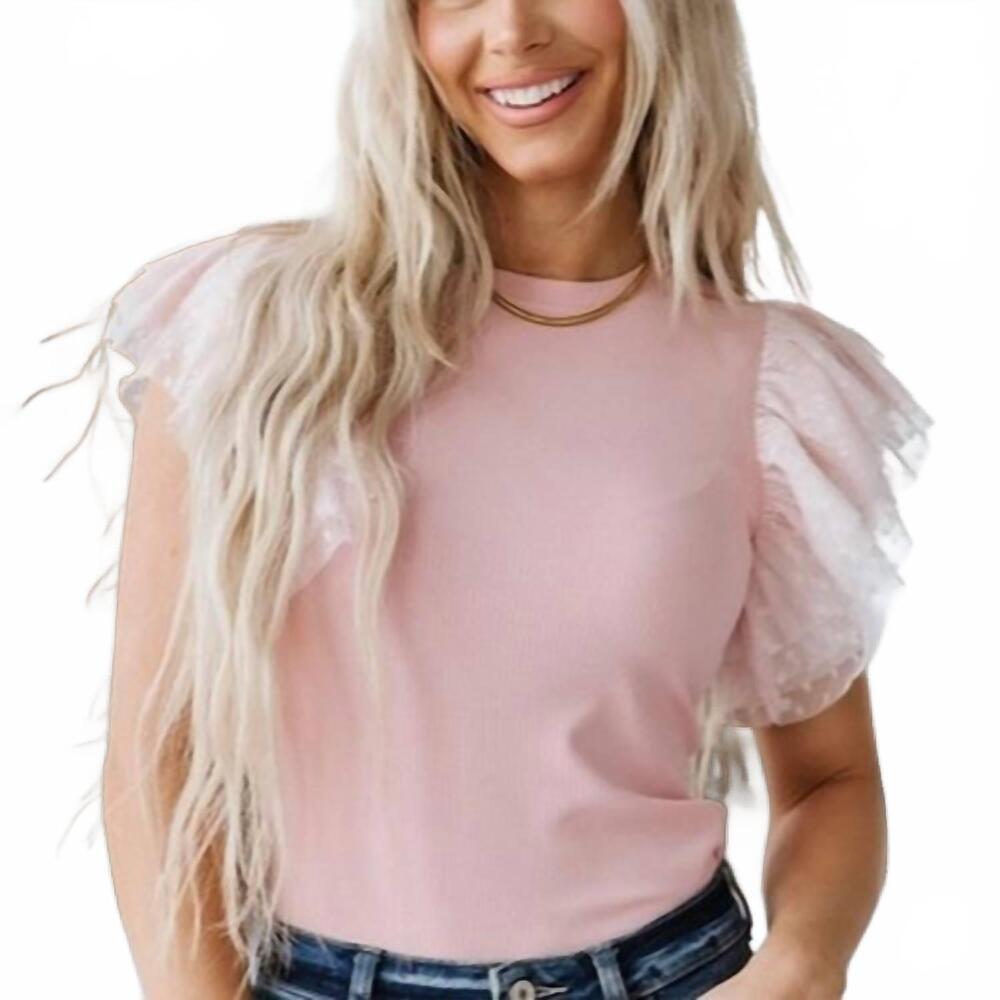 NEW LIAM & COMPANY sheer ruffle sleeve knit top in pink